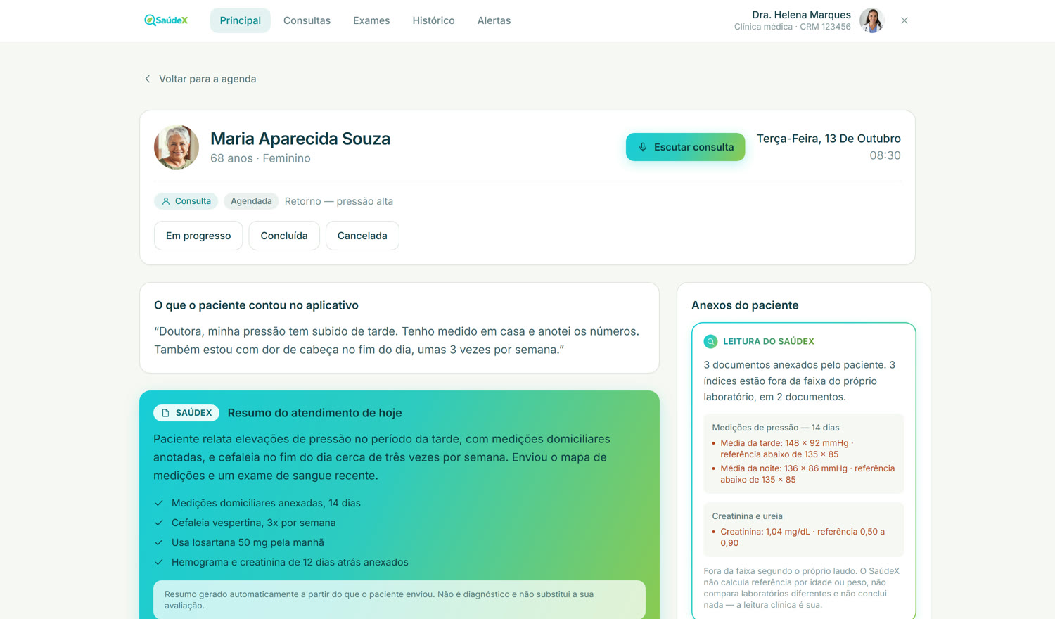 Tela do paciente no painel: relato, resumo do atendimento e leitura dos exames